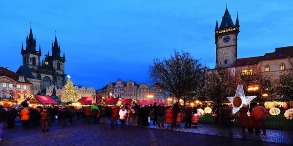 Christmas Mood on the night snowy Old Town Square, Prague, Czech Republic