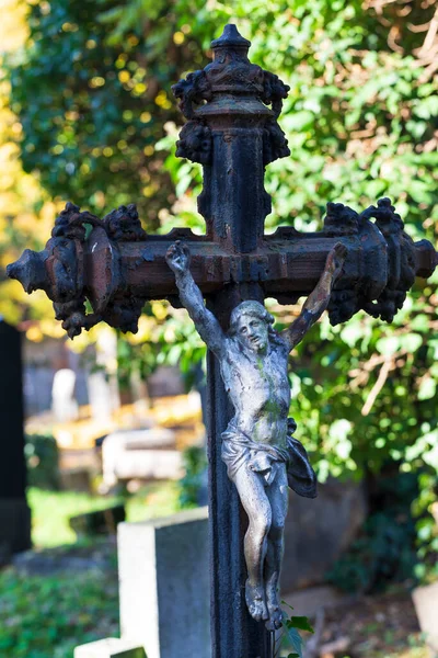Çek Cumhuriyeti 'ndeki eski Prag Mezarlığı' nın Sonbahar Gizemi Üzerine Tarihi Heykel 