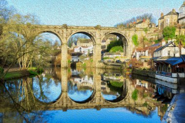 Knaresborough, North Yorkshire, İngiltere 'de Nidd Nehri' ne yansıyan üç kemer, dijital suluboya etkisi..
