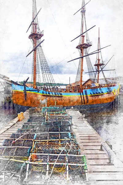 Ξύλινη Προβλήτα Σωρούς Από Δοχεία Αστακού Και Ένα Πειρατικό Πλοίο — Φωτογραφία Αρχείου