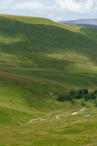 Dik tepeler, Nidderdale, Kuzey Yorkshire, İngiltere, İngiltere ve İngiltere ile çevrili, ağaçlarla çevrili derin bir vadi ve ön planda küçük bir çiftlik binası var..
