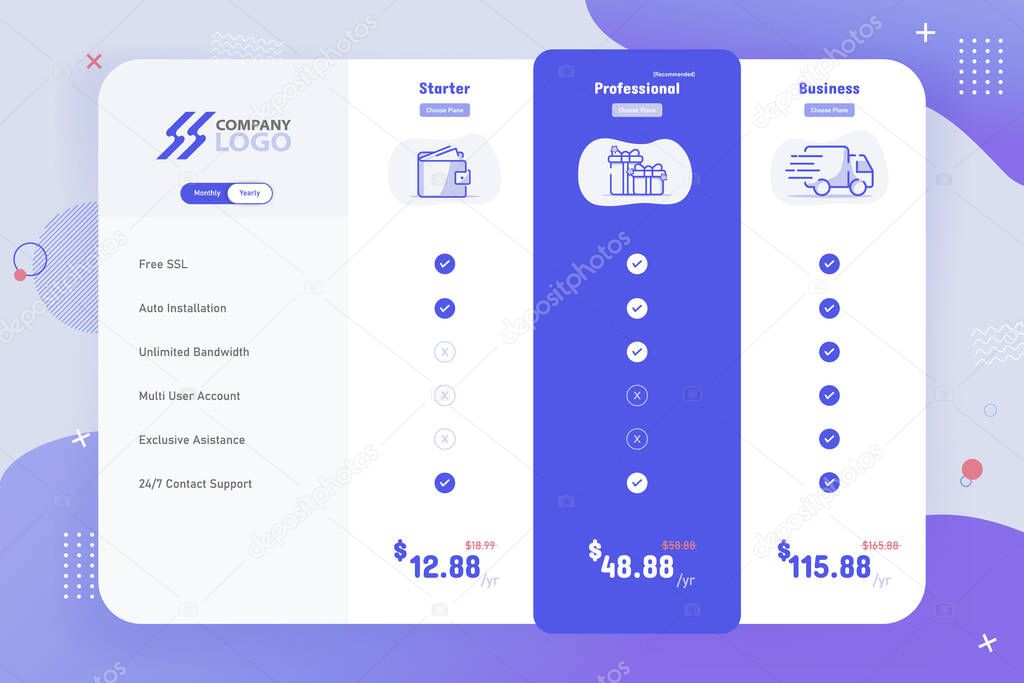 New Modern 3 Plan Pricing Table Template Design