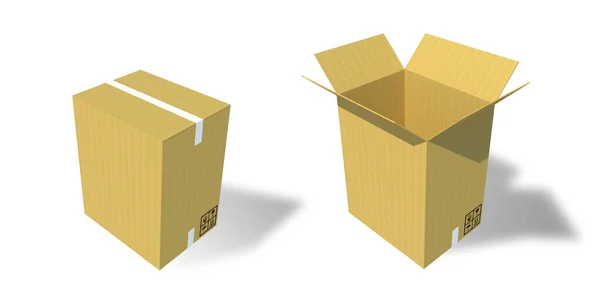 Illustrazione Chiudere Aprire Unbox Scatola Cartone Marrone Chiaro Isolata Sfondo — Foto Stock