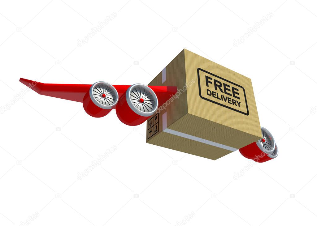 3D Illustration Box with Aircraft wing and Jet engine for fast delivery service on white background with clipping path.
