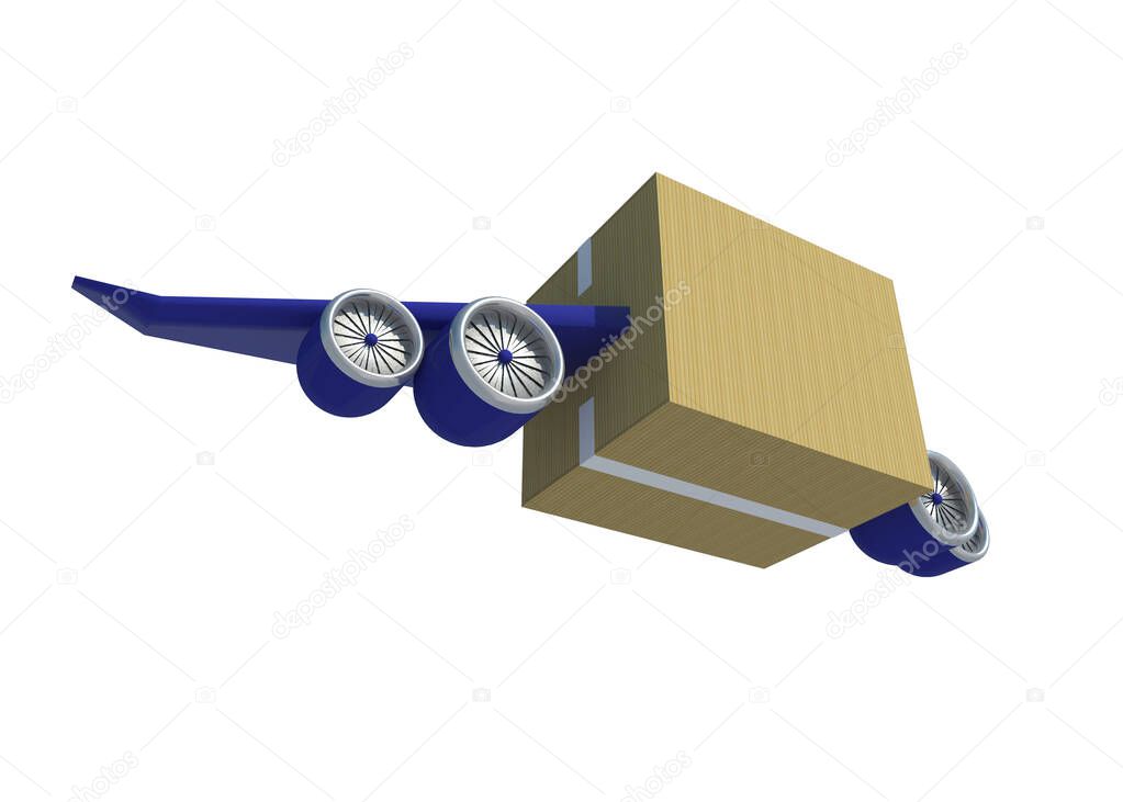 3D Illustration Box with Aircraft wing and Jet engine for fast delivery service on white background with clipping path.