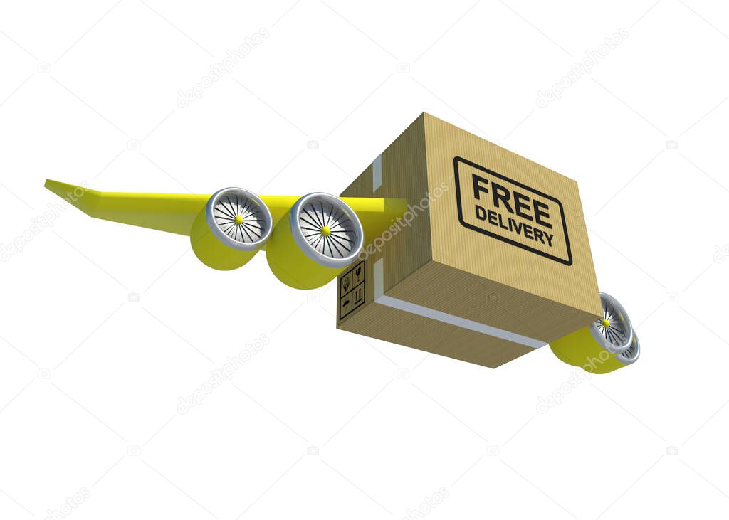 3D Illustration Box with Aircraft wing and Yellow Jet engine for fast delivery service on white background with clipping path.