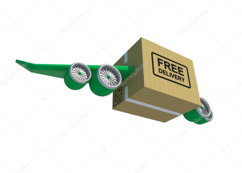 3D Illustration Box with Green Aircraft wing and Jet engine for fast delivery service on white background with clipping path.