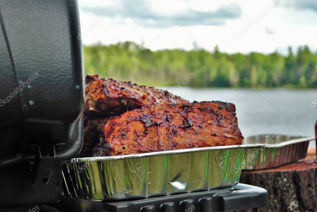 Delicious looking ribs on the grill next to a lake