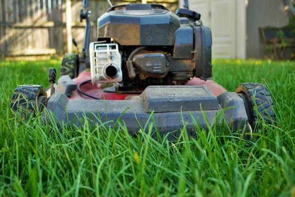 Uitzicht Begane Grond Van Een Grasmaaier Hoog Gras — Stockfoto