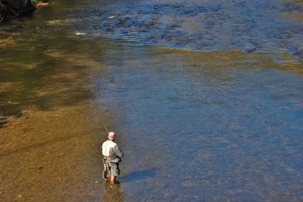 Oigenkännlig Gammal Man Fiske Den Lilla Floden Gatlinburg Tennessee Stockbild