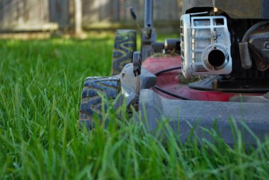 Uzun otların arasındaki çim biçme makinesinin zemin katı manzarası