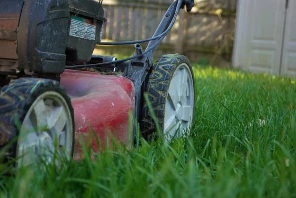 Uitzicht Begane Grond Van Een Grasmaaier Hoog Gras — Stockfoto