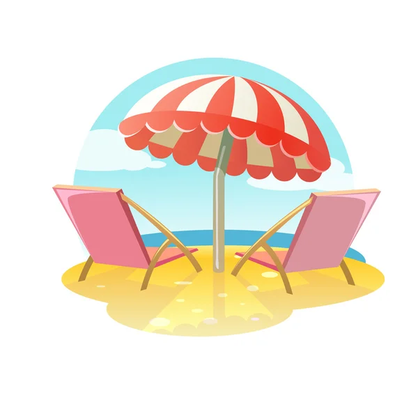 Twee ligstoelen en parasol, ontspannende scène op een winderige dag op het tropische strand, twee dek — Stockvector