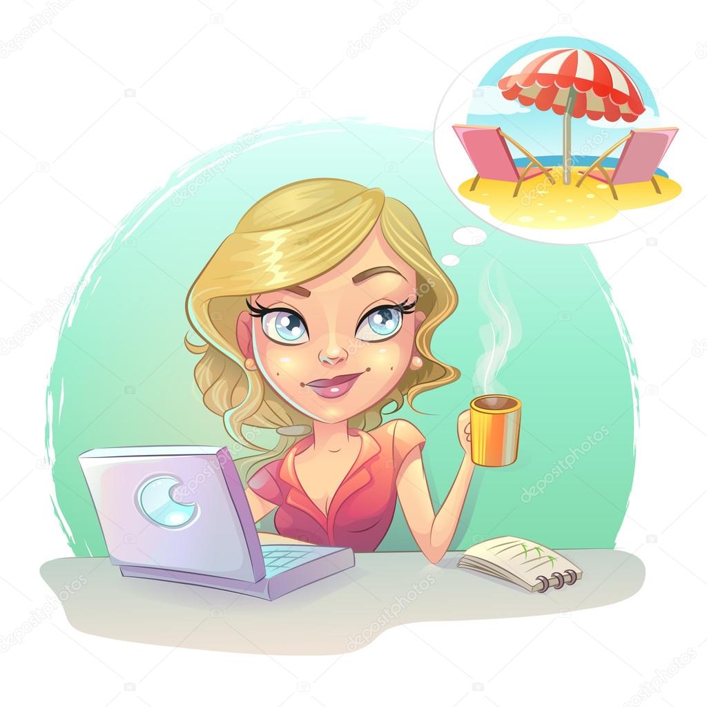 Assistant secretary woman at computer laptop. Technical support dreaming vacation