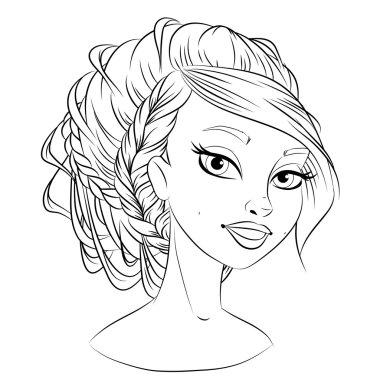 Moda kız kadın vektör. Şirin saç modeli, lineart illüstrasyon. Yay burç kavramı