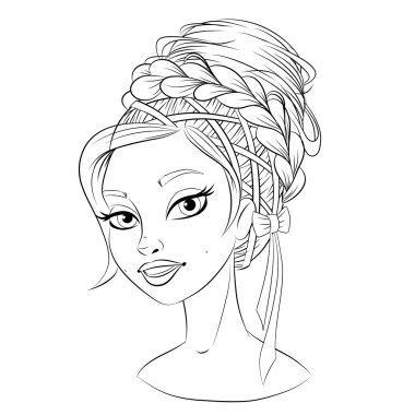 Soyut vektör kadın güzel kız, portre. Beyaz çizgi sanat tek renkli üzerinde siyah beyaz izole. Kanser burç