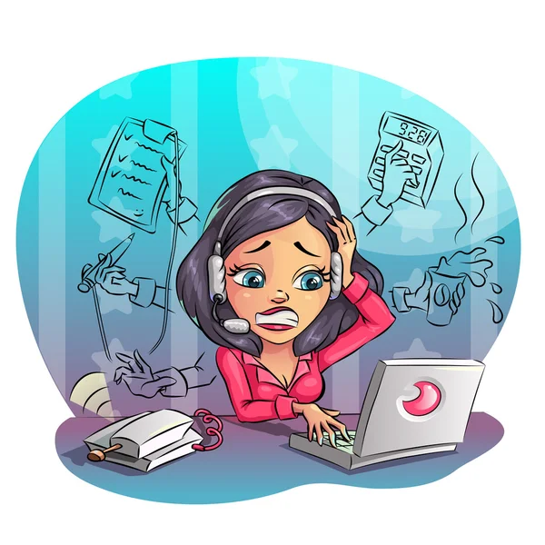 Mujer de dibujos animados de negocios trabajando duro en la oficina. concepto de muchas tareas, ilustración vectorial clip art — Archivo Imágenes Vectoriales
