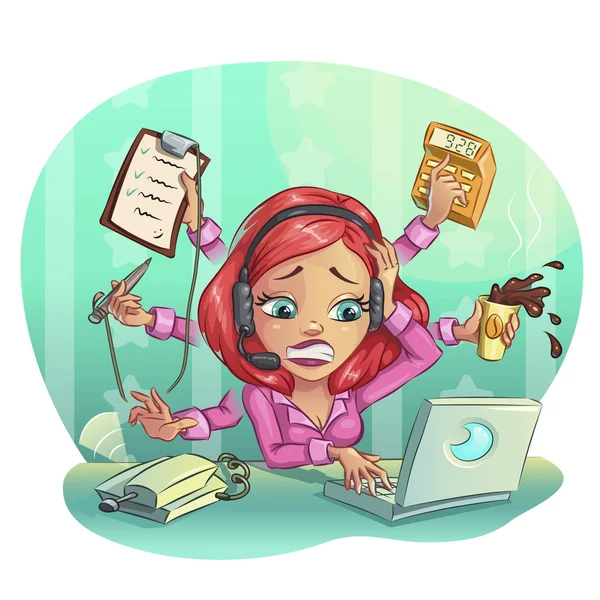 Caricature d'entreprise femme travaillant dur dans le bureau. Concept de nombreuses tâches, illustration vectorielle clip art — Image vectorielle