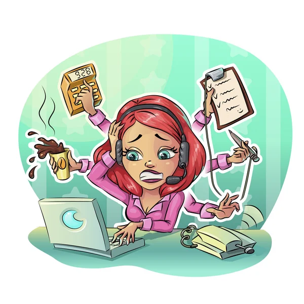 Zakelijke cartoon vrouw hard werken in office. Veel taken concept, Vector illustratie illustraties — Stockvector