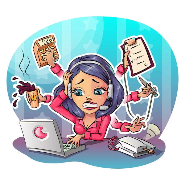 Caricature d'entreprise femme travaillant dur dans le bureau. Concept de nombreuses tâches, illustration vectorielle clip art — Image vectorielle