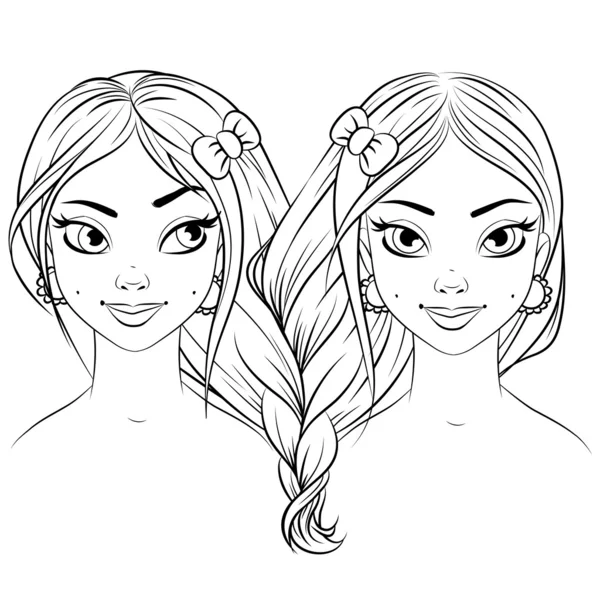 Abstract fashion girl woman vector. Black and white line art cartoon isolated on white. Sisters twins together. Gemini zodiac sign — Stock Vector