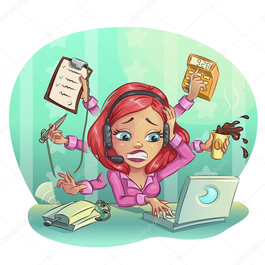 Business cartoon woman hard working in office. Many tasks concept ...