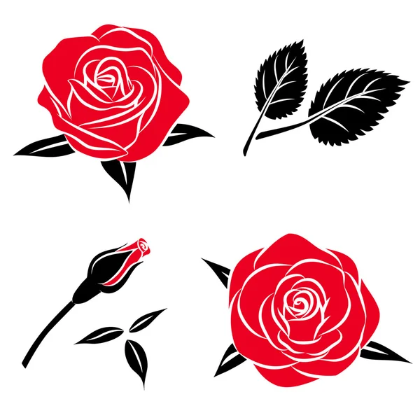 Czarny czerwony piękny kwiat róża zestaw z liści, ilustracji wektorowych róż, biały na białym tle na — Wektor stockowy