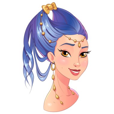 Sanat güzel saç stil kız portre, parlak pastel renk siyah kontur kontur ile. Beyaz izole vektörel clipart.