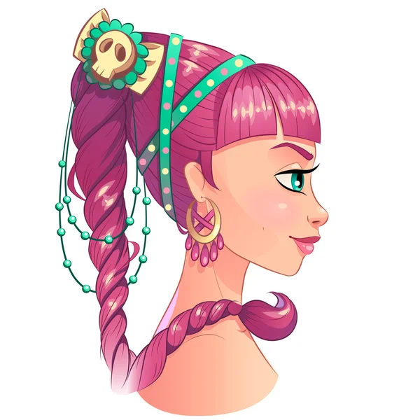 Arte hermoso estilo de pelo chica retrato, color pastel brillante con contorno de trazo negro. Clipart vectorial aislado en blanco . — Archivo Imágenes Vectoriales