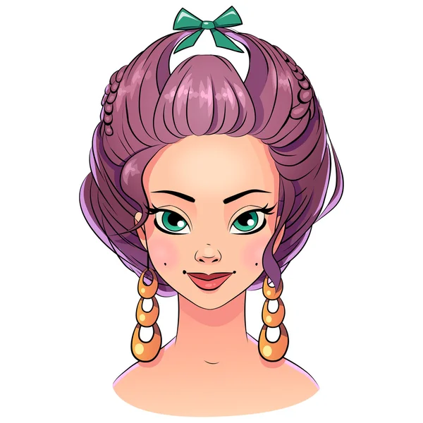 Retrato bonito da menina do estilo do cabelo da arte, cor pastel brilhante com contorno preto do curso. Clipart vetorial isolado em branco . —  Vetores de Stock