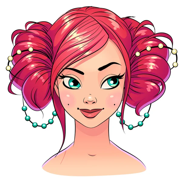 Sanat güzel saç stil kız portre, parlak pastel renk siyah kontur kontur ile. Beyaz izole vektörel clipart.
