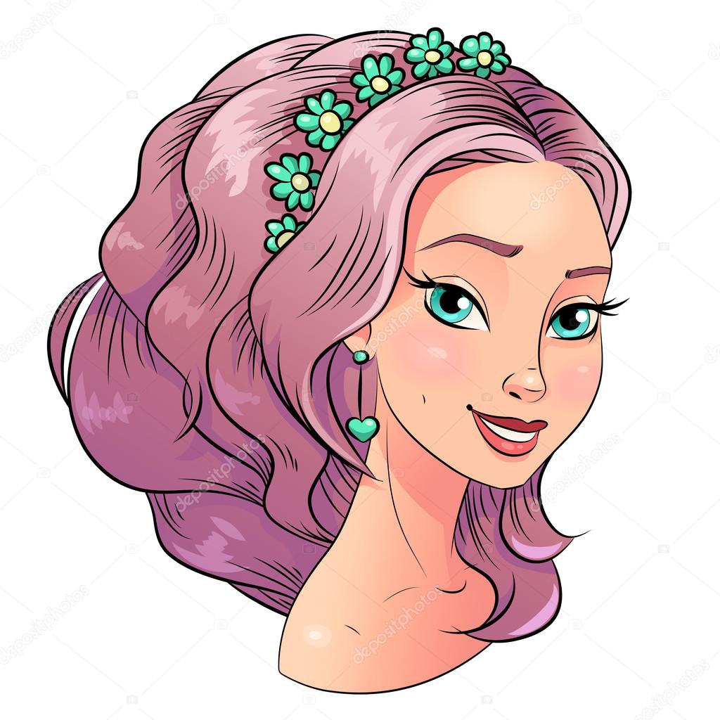 Art beautiful hair style girl portrait, bright pastel color with black stroke contour. Vector clipart isolated on white.