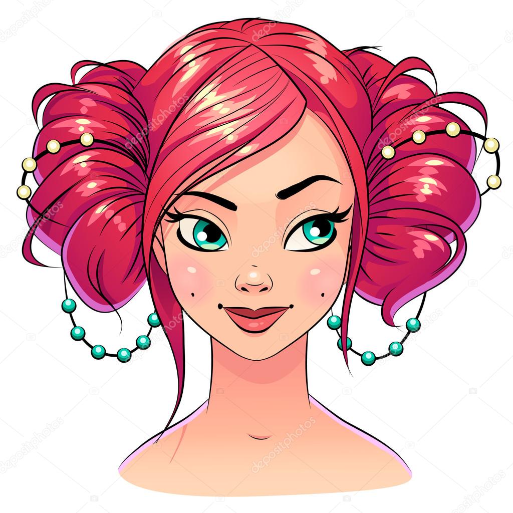 Art beautiful hair style girl portrait, bright pastel color with black stroke contour. Vector clipart isolated on white.