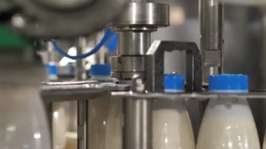 Taşıma makinesinde süt ürünleriyle dolu plastik şişelerin kapakları.
