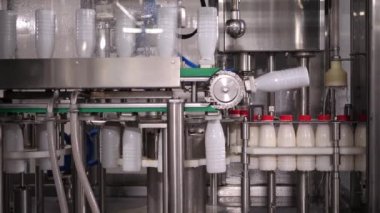 Süt şişelerinin taşıyıcı üretimi hat boyunca hareket ediyor ve dönüyor.