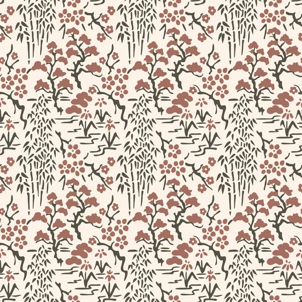Japanese Flower and Bamboo Vector Seamless Pattern