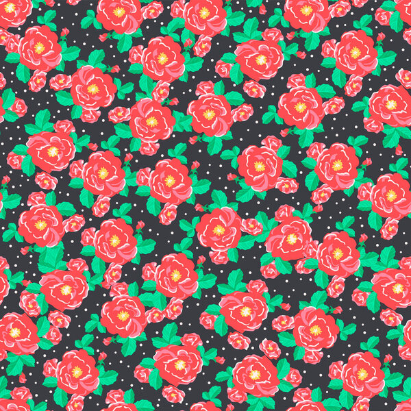 Japanese Red Rose Vector Seamless Pattern