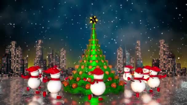 Снеговики катаются вокруг рождественской елки — стоковое видео