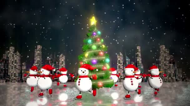 Muñecos de nieve patinando alrededor del árbol de Navidad — Vídeo de stock