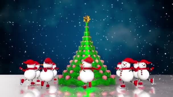 Muñecos de nieve patinando alrededor del árbol de Navidad — Vídeo de stock