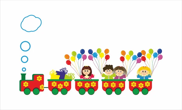 Bambini in treno con palloncini e regali — Vettoriale Stock