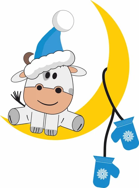 头戴圣诞礼帽 头戴手套的可爱奶牛 2021年标志 — 图库矢量图片