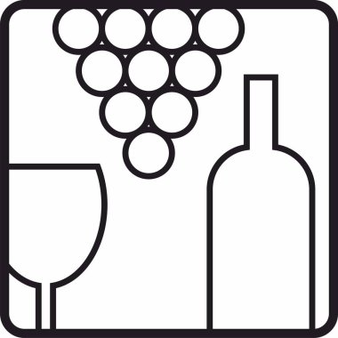 Şarap ikonu vektör logosu, içki, alkollü içecek sembolü, şarap şişesi ve bardak, bir demet üzüm.