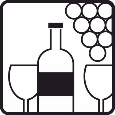 Şarap ikonu vektör logosu, içki, alkollü içecek sembolü, şarap şişesi ve bardak, bir demet üzüm.