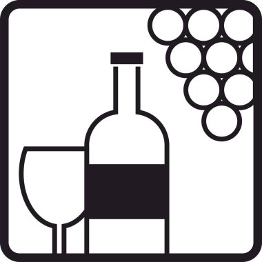 Şarap ikonu vektör logosu, içki, alkollü içecek sembolü, şarap şişesi ve bardak, bir demet üzüm.