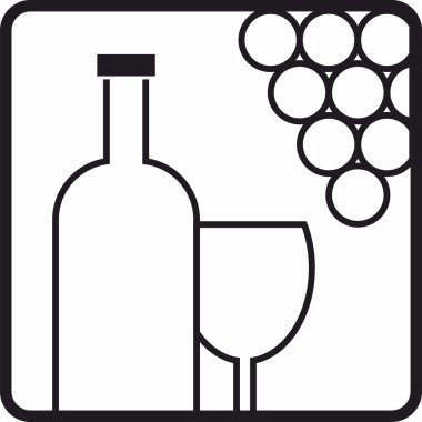 Şarap ikonu vektör logosu, içki, alkollü içecek sembolü, şarap şişesi ve bardak, bir demet üzüm.