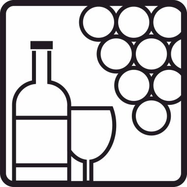 Şarap ikonu vektör logosu, içki, alkollü içecek sembolü, şarap şişesi ve bardak, bir demet üzüm.