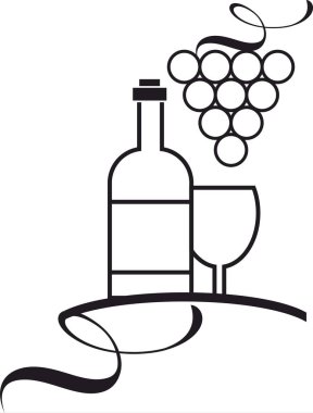 Şarap ikonu vektör logosu, içki, alkollü içecek sembolü, şarap şişesi ve bardak, bir demet üzüm.