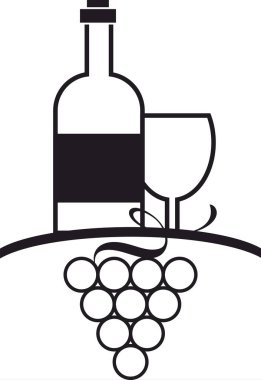 Şarap ikonu vektör logosu, içki, alkollü içecek sembolü, şarap şişesi ve bardak, bir demet üzüm.