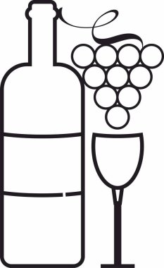 Şarap ikonu vektör logosu, içki, alkollü içecek sembolü, şarap şişesi ve bardak, bir demet üzüm.